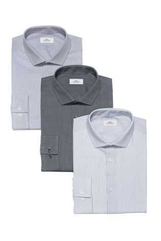 Grey Checked, Striped And Plain Slim Fit Shirts Three Pack